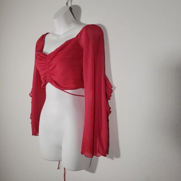 Zara women's Crop Top Large Hot Pink Ruched Sheer Fairy Ruffles Boho Hippie - Picture 5 of 7